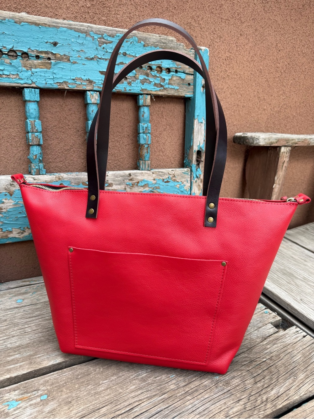 Poppy Red Leather Tote Bag with Dark Brown Handles